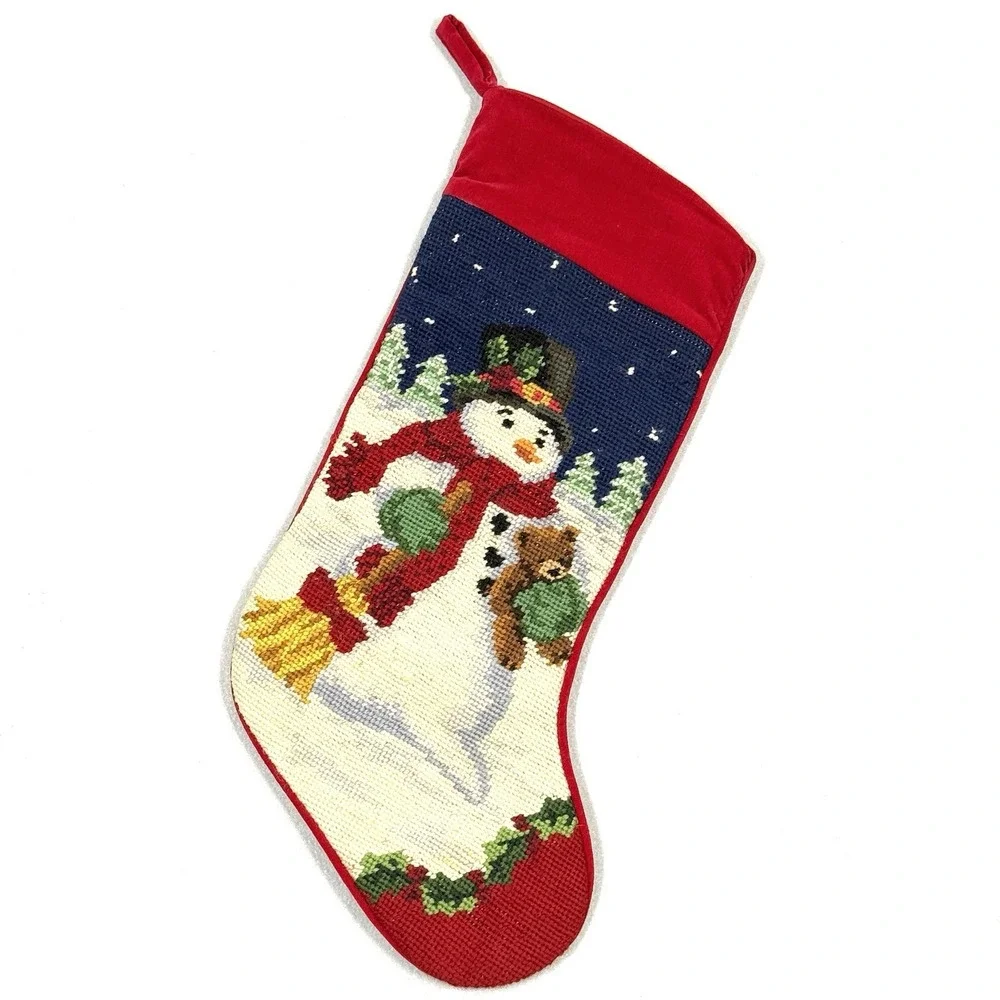 Vintage Christmas‎ Stocking Needlepoint Frosty Snowman Teddy Bear Wool Velvet